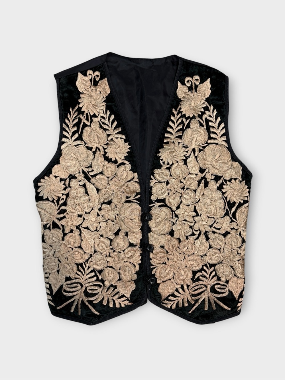 Vintage Black Velvet Gold Embroidered Floral Vest